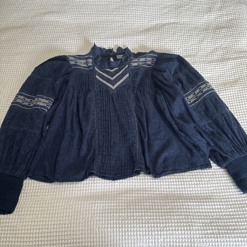 Conditions Apply Navy Blue Eyelet Ruffle Embroidered Blouse Top Womens XL